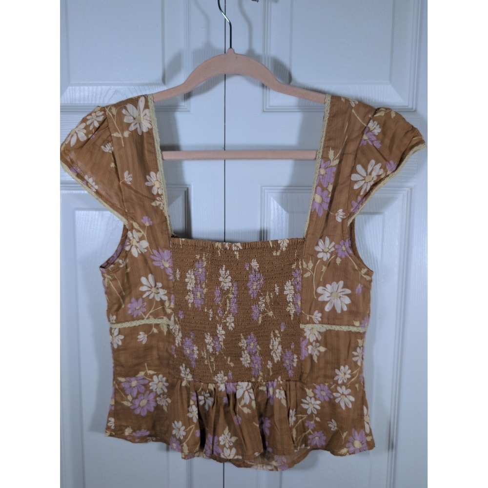FREE PEOPLE Call Me Baby Floral Blouse in Meerkat Combo Size Large NWT